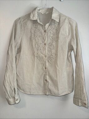 Max Studio Cream and Beige Striped Embroidered Button-Up Shirt